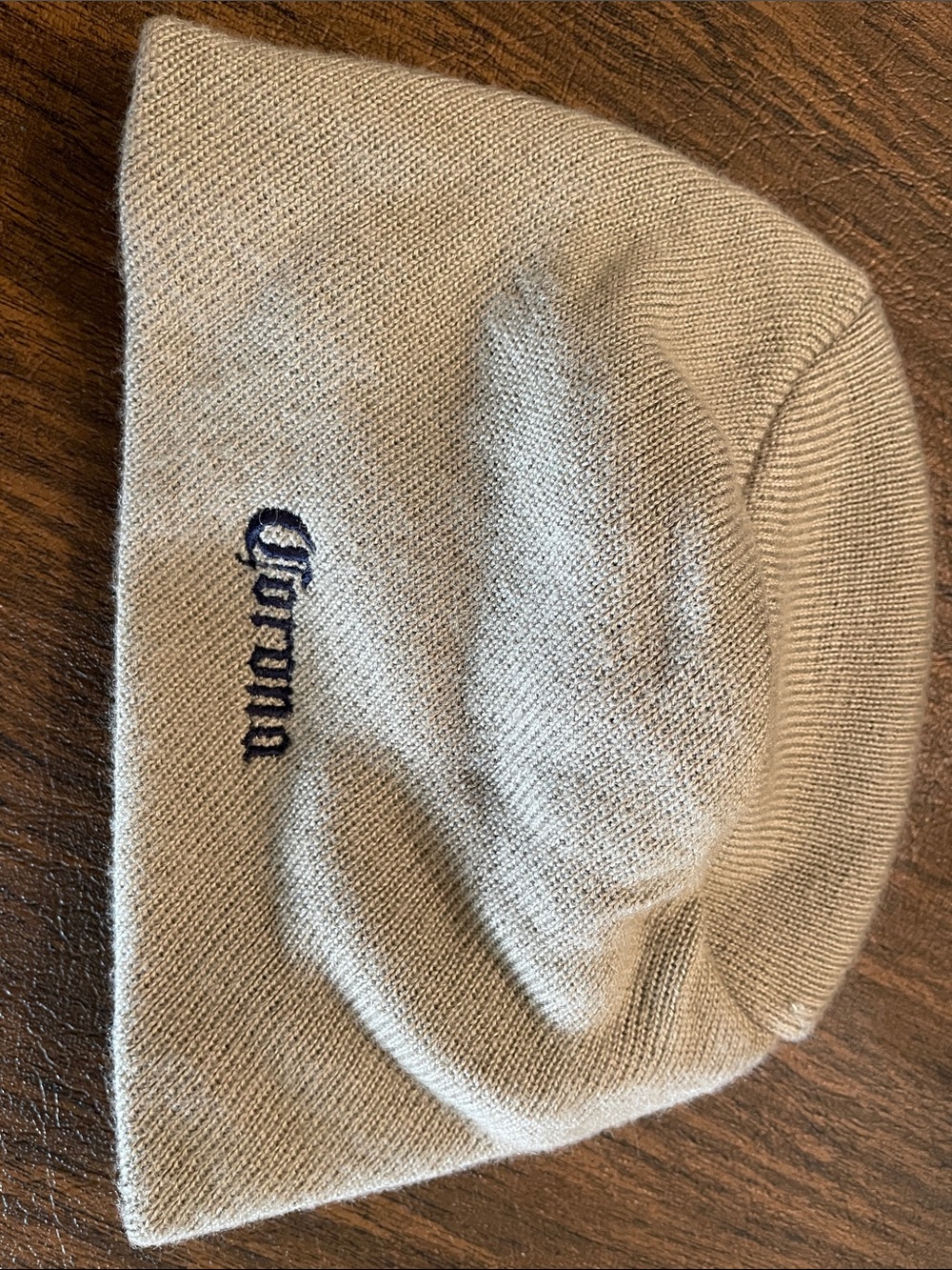 Corona Knit Beanie in Light Brown with Navy Logo